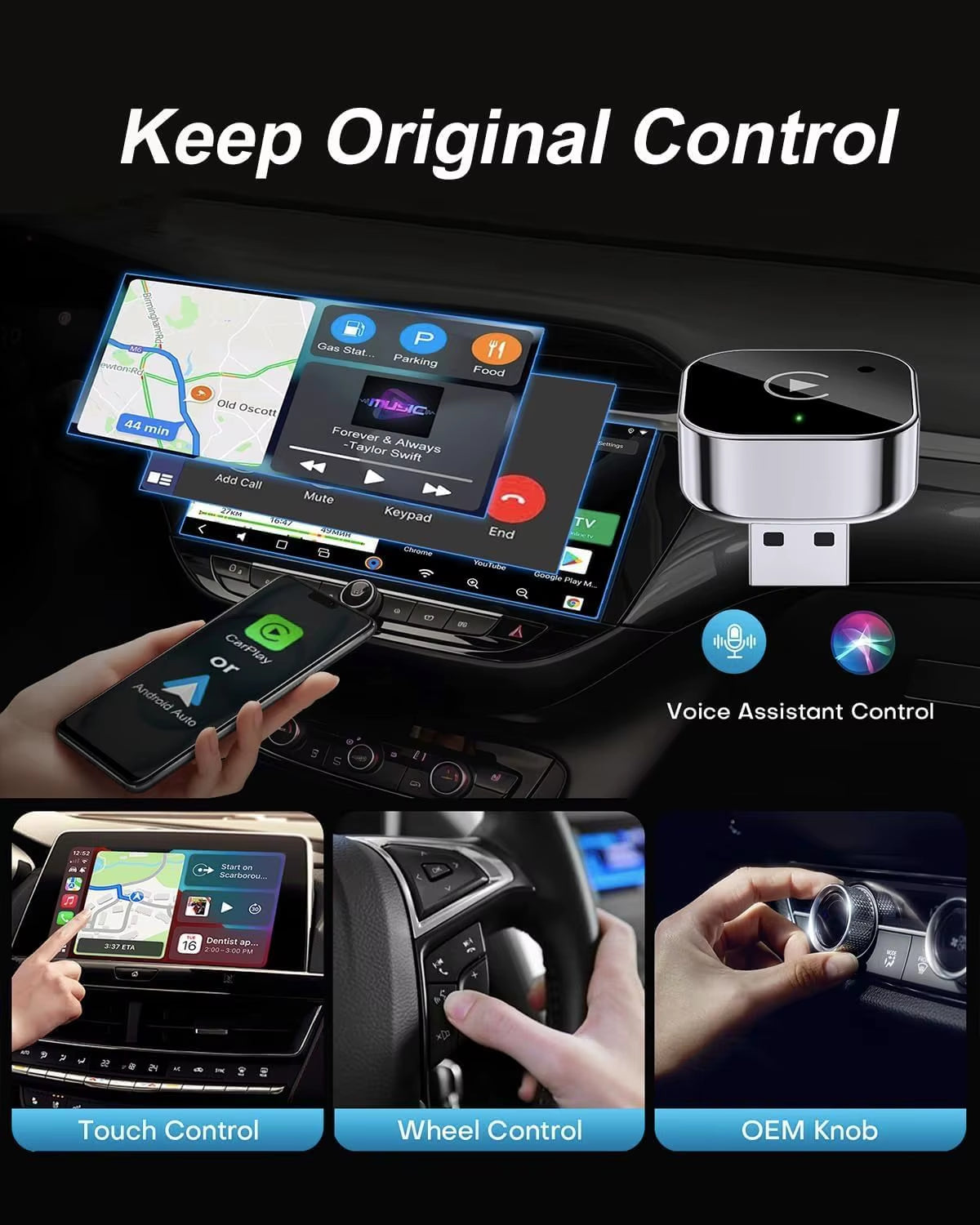 Wireless Carplay & Android Auto Dongle, Fast Auto-Connect, Compact Plug & Play for Iphone/Android, USB/USB-C, No Delay